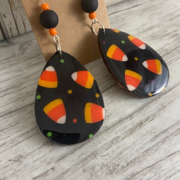 Candy Corn Earrings Black Orange Tear Drop Dangle Beaded French Wire Silver - Picture 6 of 9